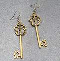 Pierced Earrings Bronze tone Long Antique Skeleton Key Dangle 2.25"