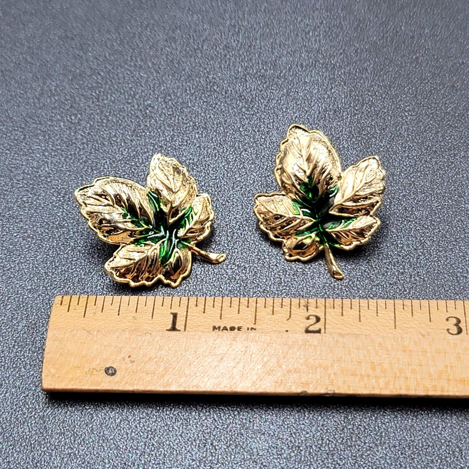 Pierced Earrings Gold tone Green Enamel Leaves Drop 1.25"