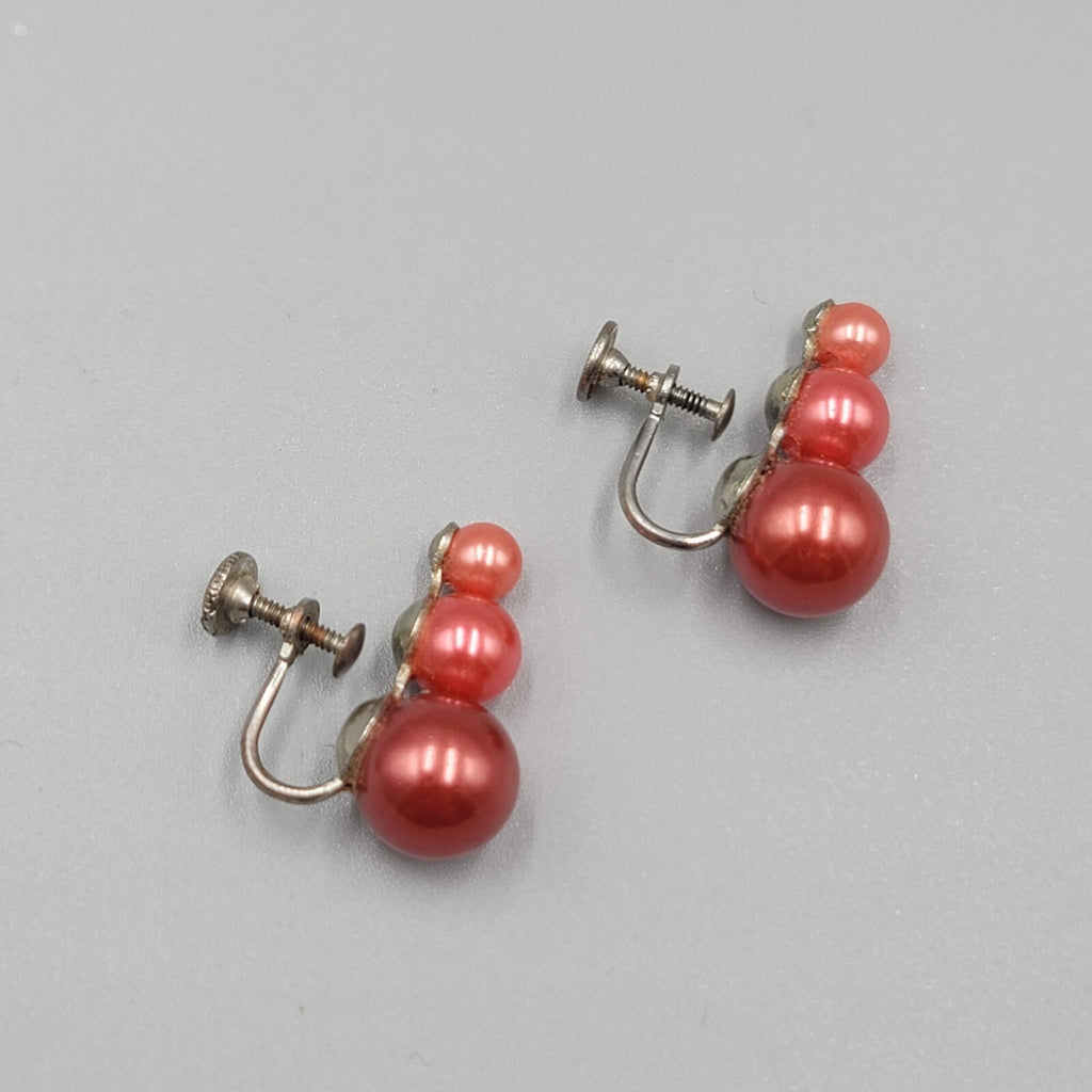 Vintage Clip on Earrings Cranberry Pink Bead Climber 7/8"