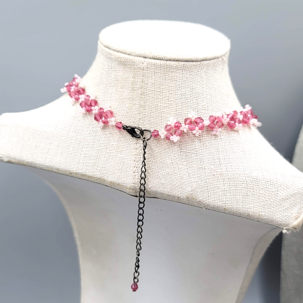 Pink Seed Bead Flower Choker Necklace 12"-15"