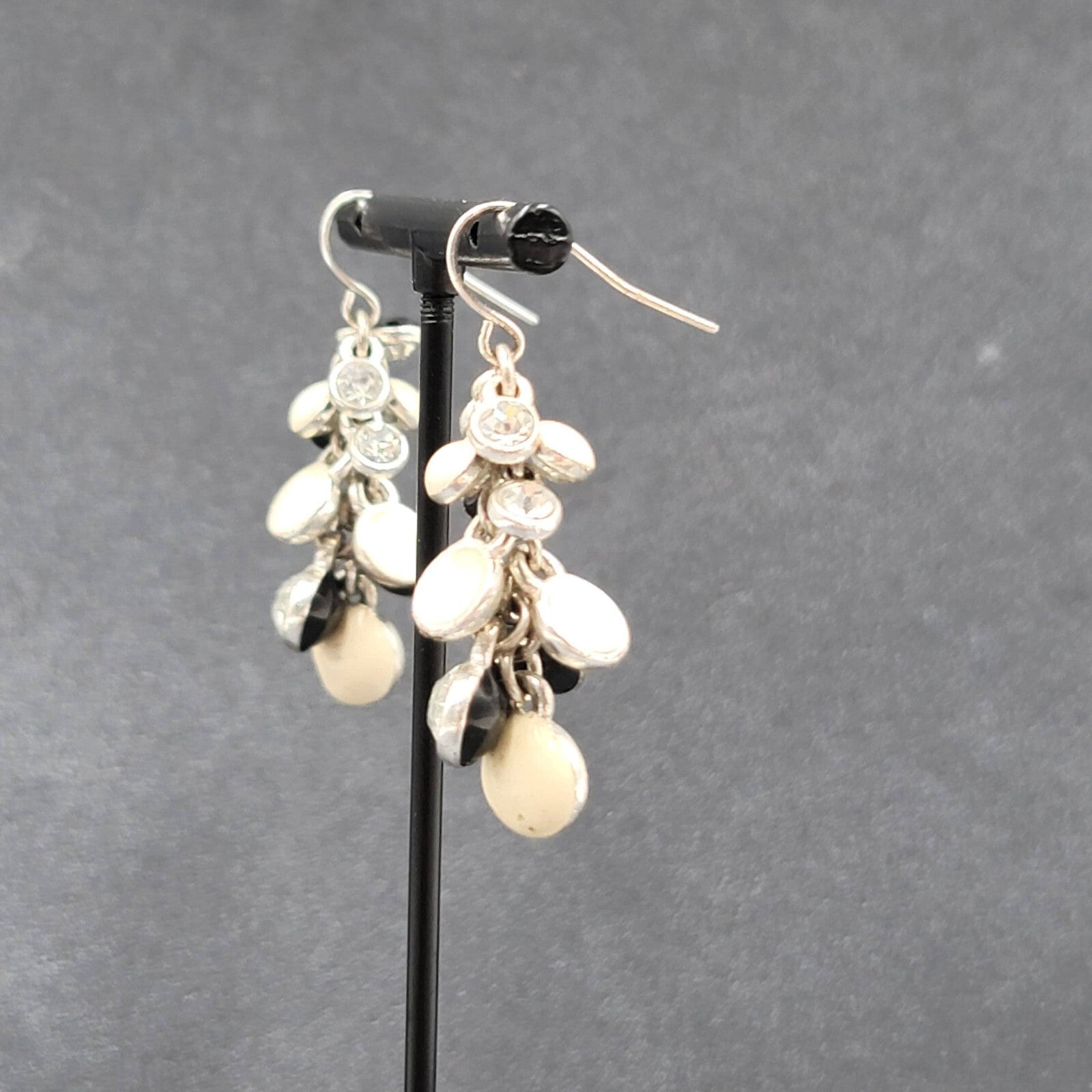 Pierced Earrings Silver tone Enamel Crystal Rhinestone Cluster Bead 1.5"