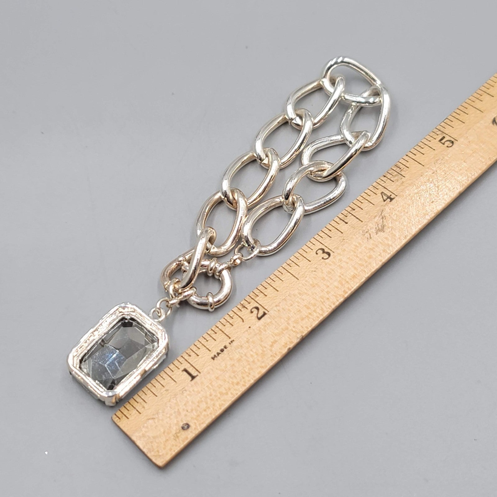 Smokey Gray Glass Dangle Bracelet Silver tone 7"