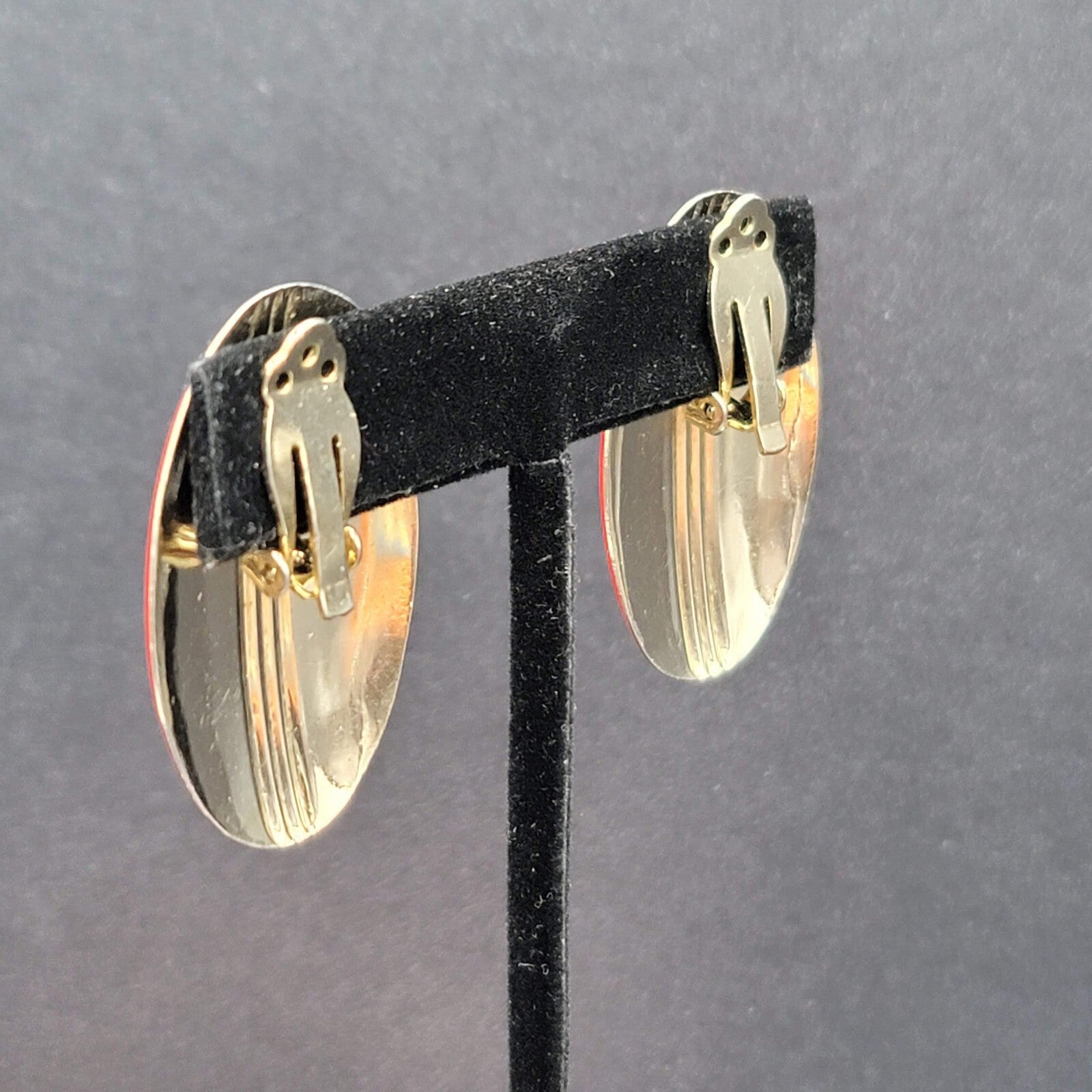 Vintage Clip on Earrings Red Enamel Gold tone Oval Drop Lightweight 1.5"