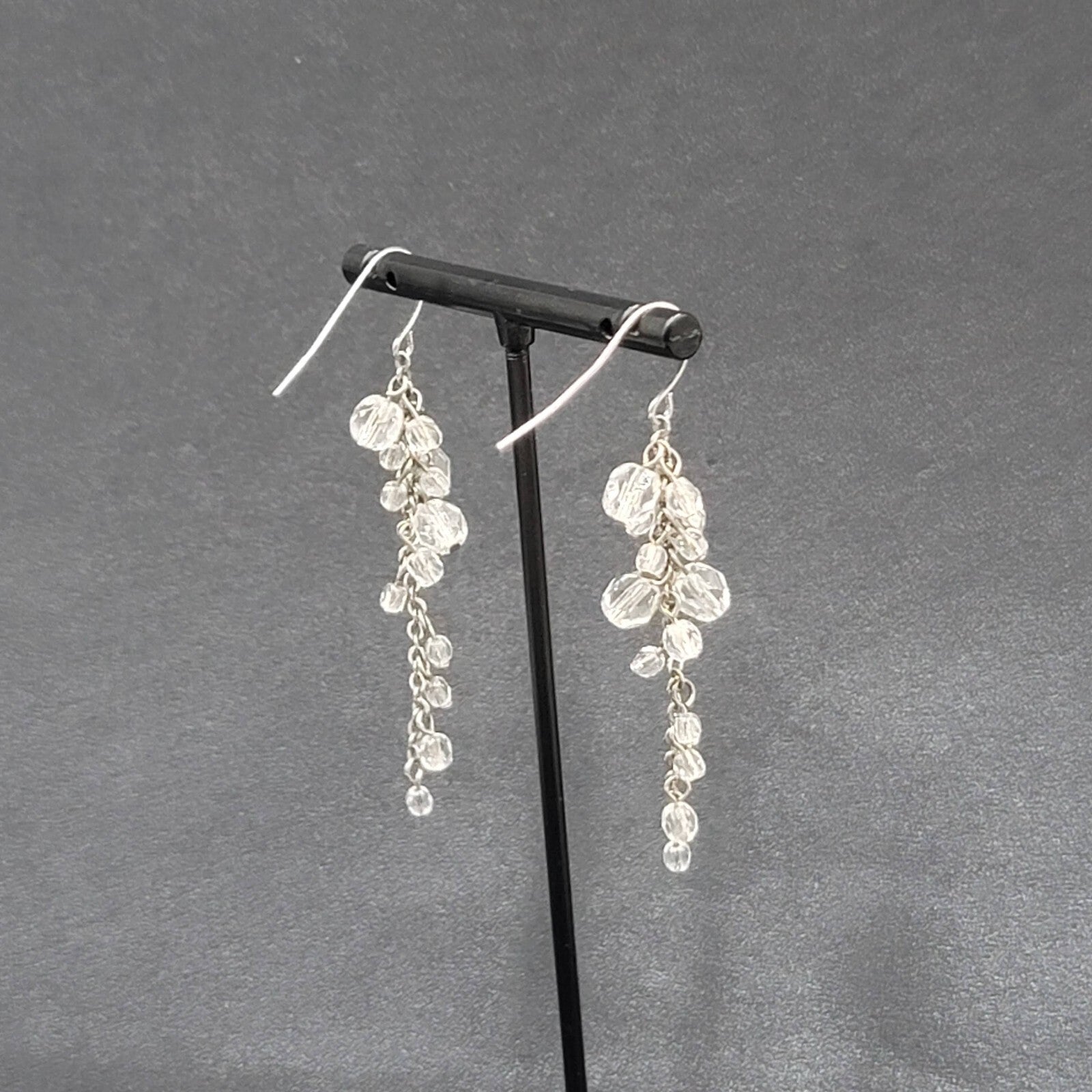 Pierced Earrings Silver tone Clear Bead Cluster Dangle 2.25"