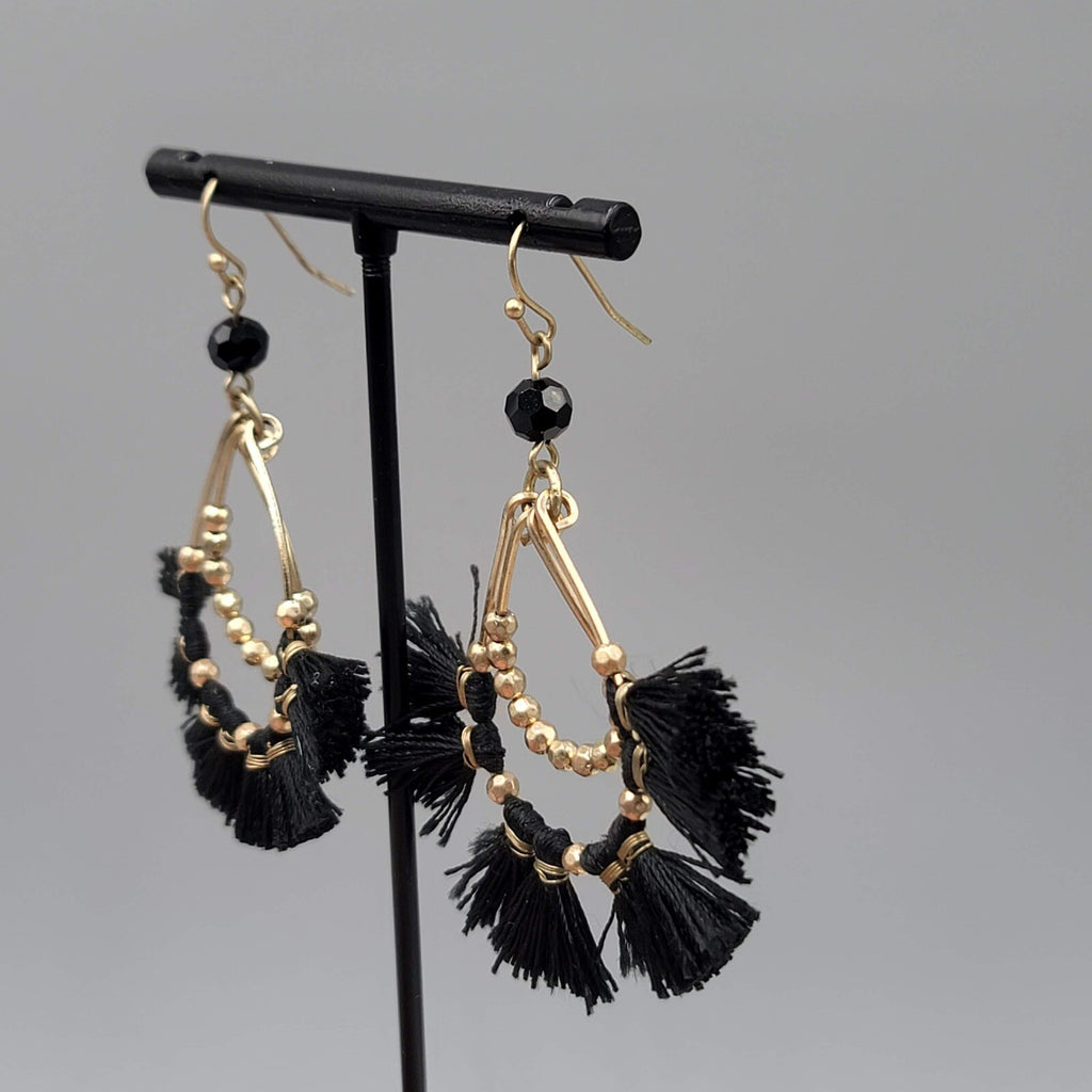 Pierced Earrings Gold tone Black Tassel Teardrop Dangle 2.5"