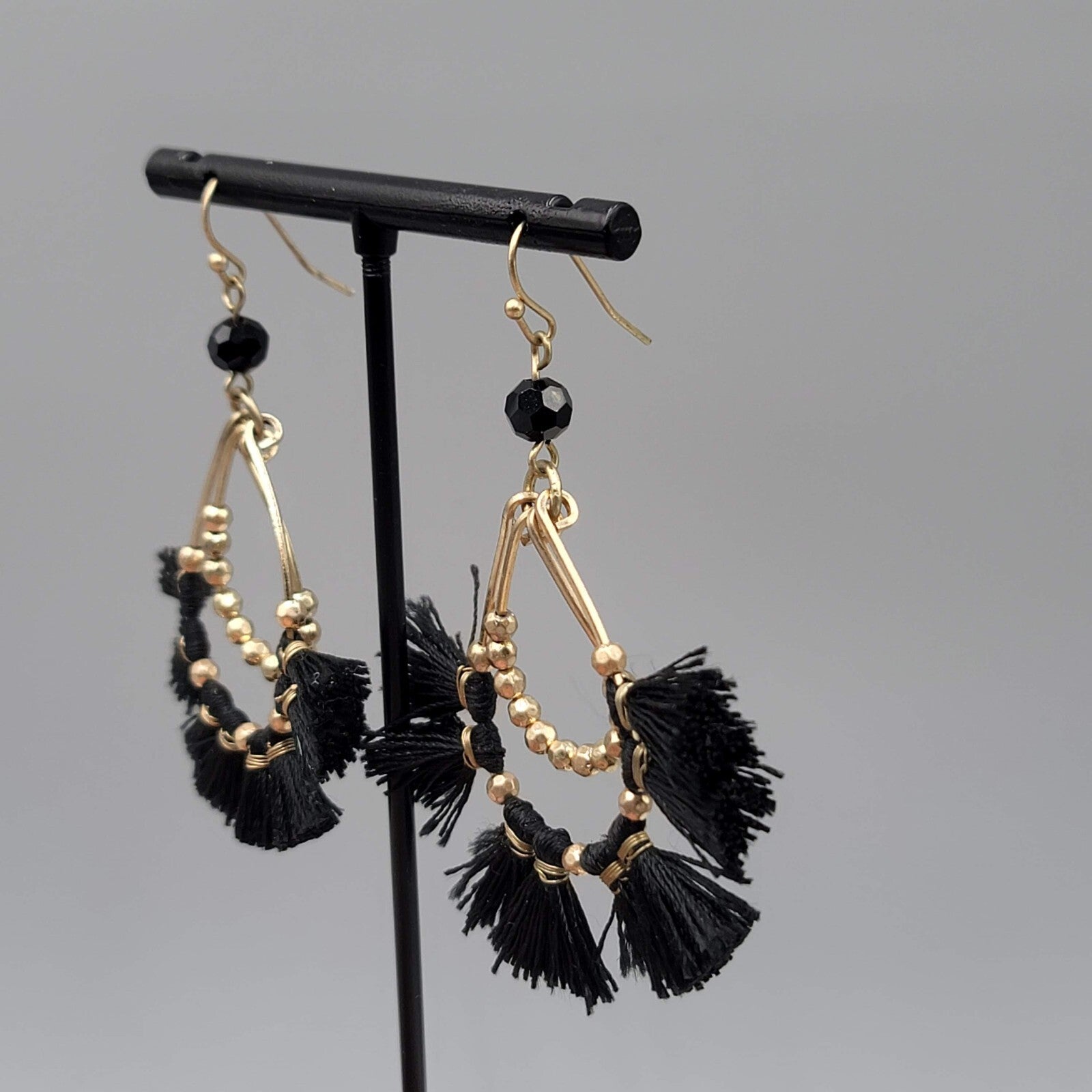 Pierced Earrings Gold tone Black Tassel Teardrop Dangle 2.5"