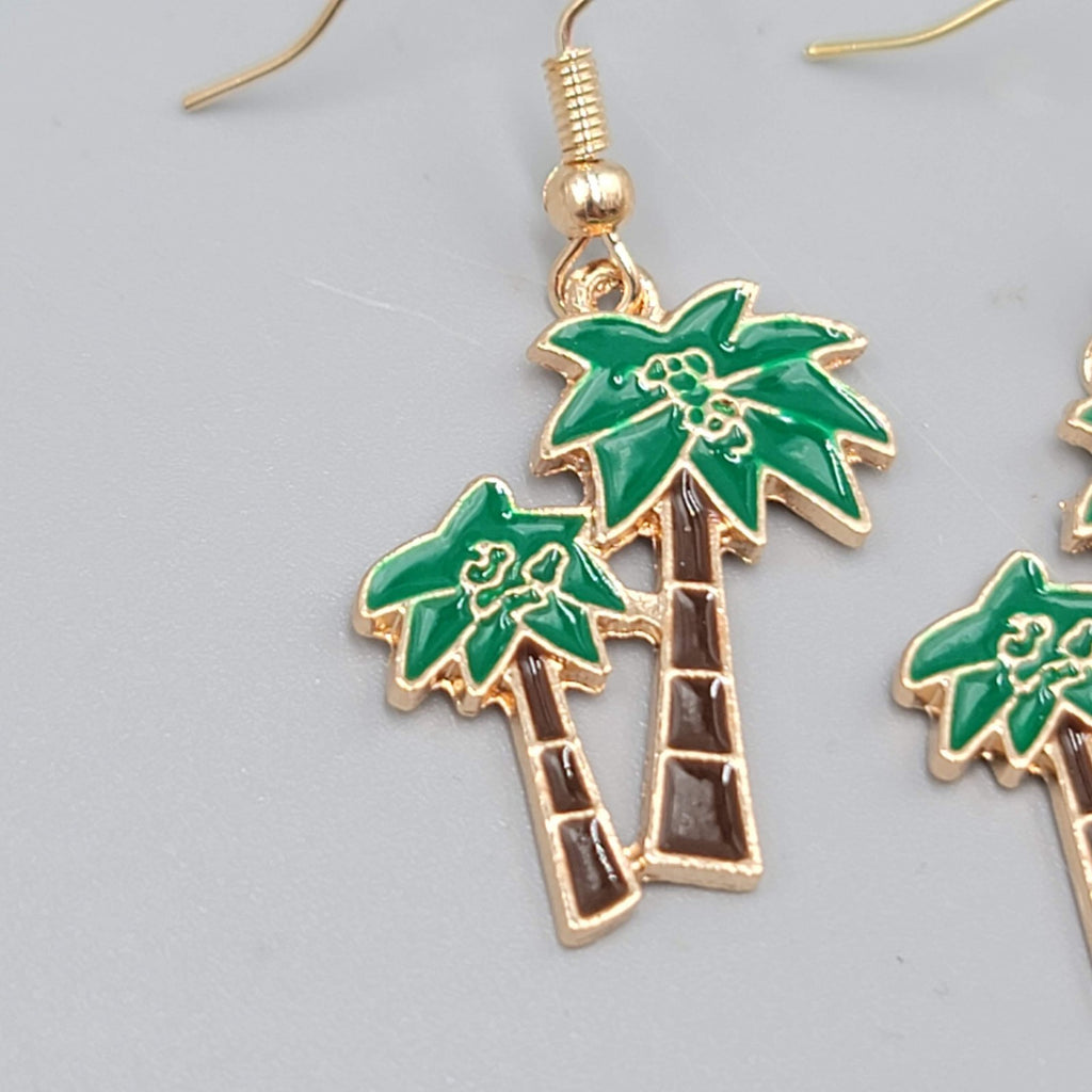 Enamel Double Palm Tree Pierced Earrings Gold tone Dangle 1"