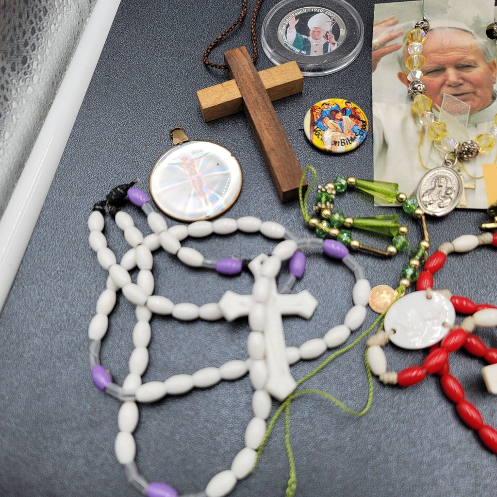 Vintage Religious Booklets Large Lot Rosaries Medals Bracelets etc
