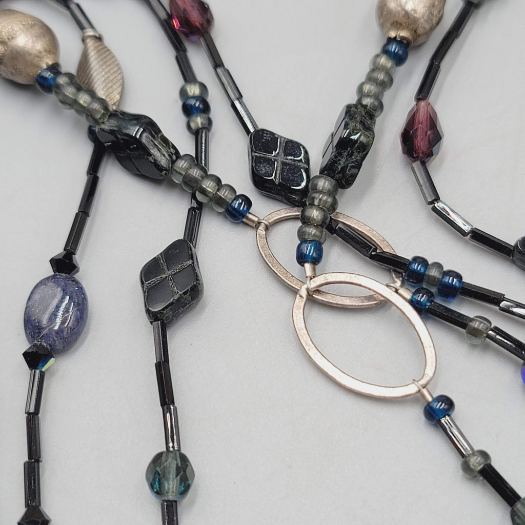 Black Glass Bead Necklace Silver tone LONG Hook Clasp 48"