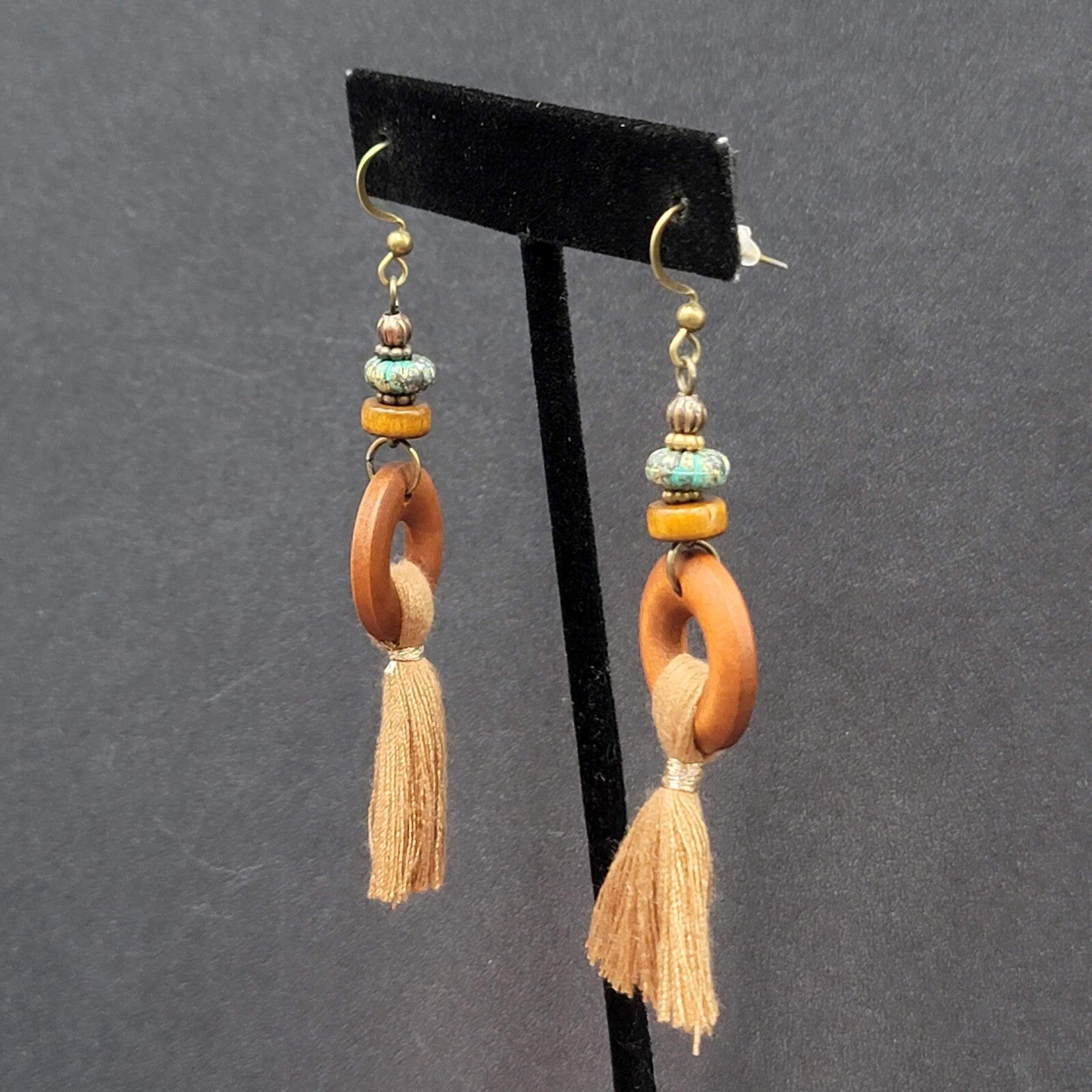 New Boho Pierced Earrings Bronze tone Wood Ring Tassel Dangle 2.25"