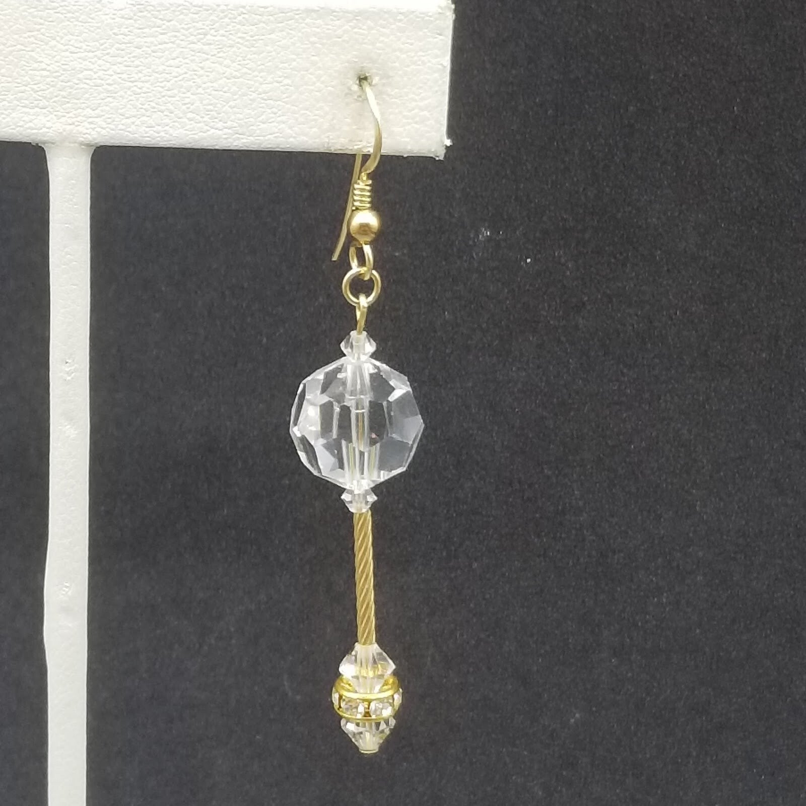 Pierced Earrings Gold tone Faceted Crystal Bead Statement Dangle 1 1/2". 4951