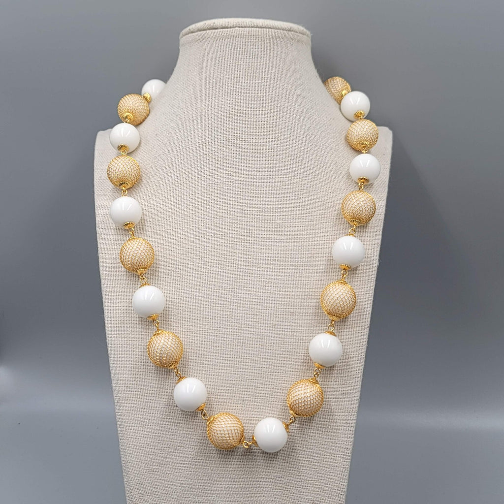 Vintage Bead Necklace White Bead Gold tone Wire Caged Beads 22"-24"