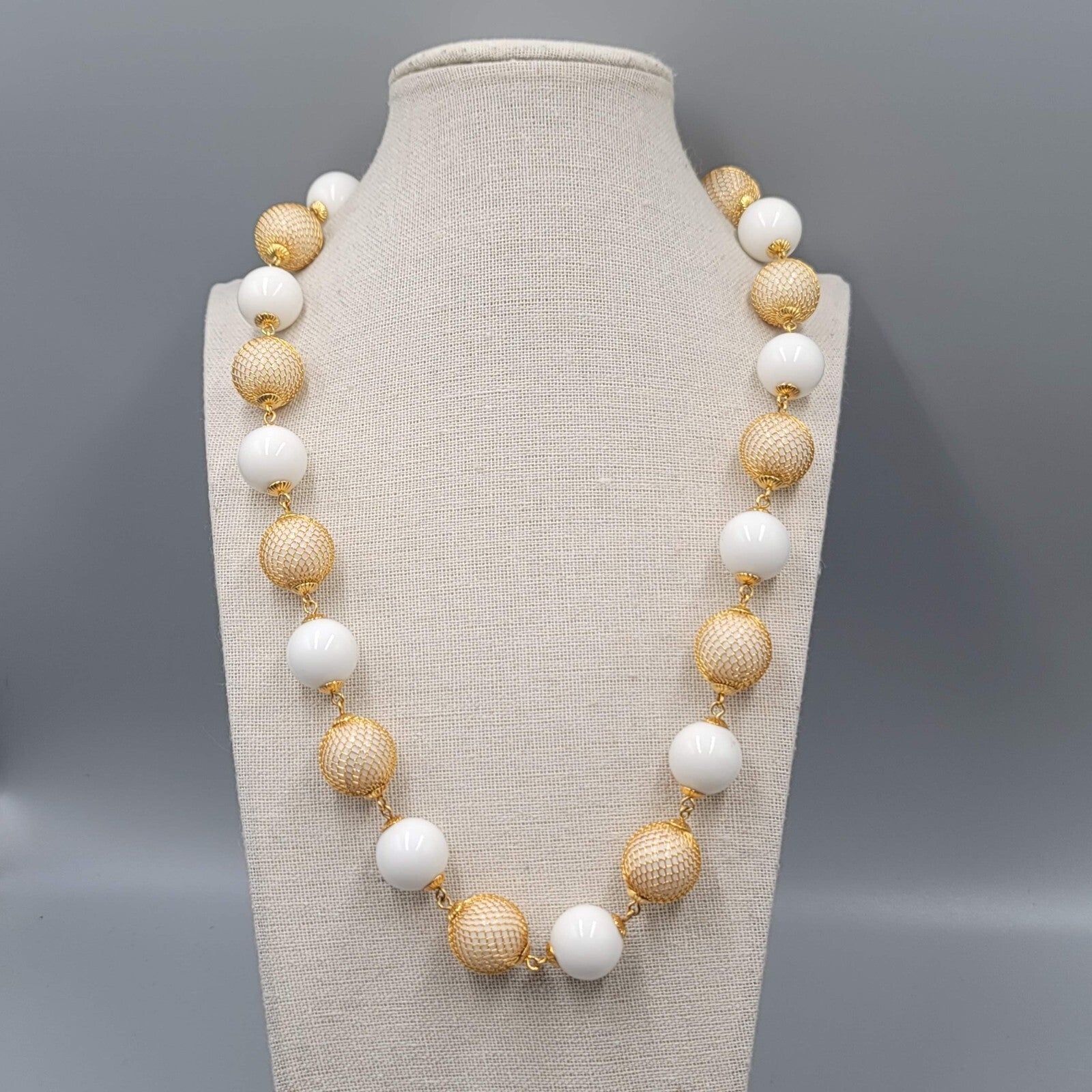 Vintage Bead Necklace White Bead Gold tone Wire Caged Beads 22"-24"