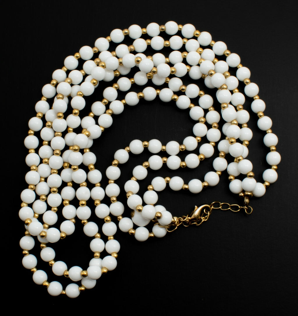 Vintage Triple Strand White & Gold Beaded Necklace Costume Estate 18" - 20'