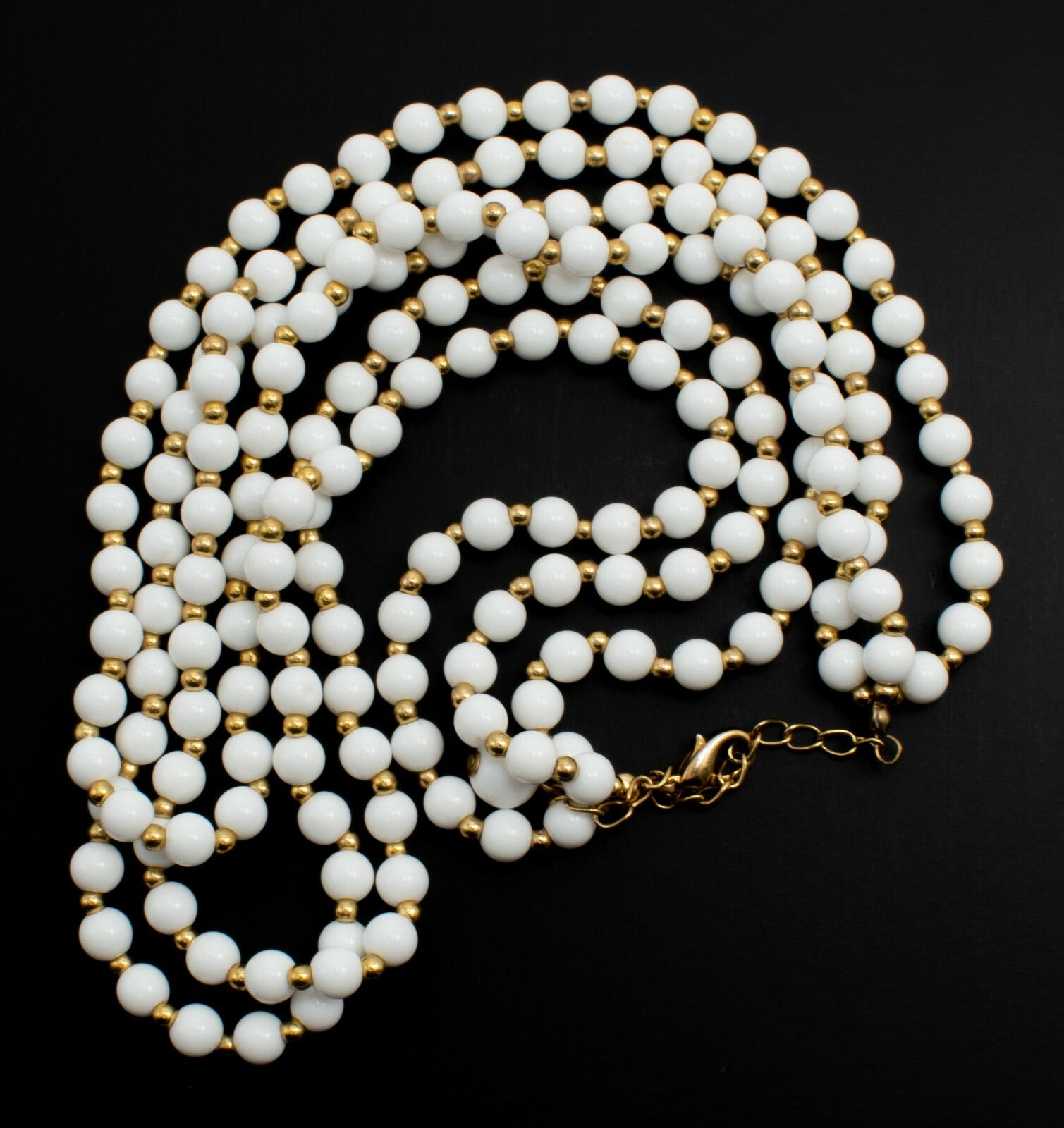 Vintage Triple Strand White & Gold Beaded Necklace Costume Estate 18" - 20'