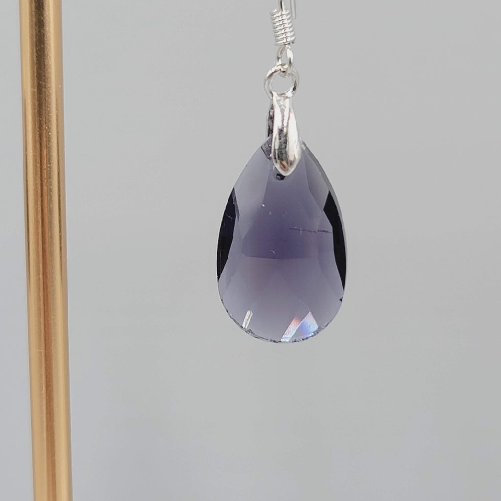 Purple Glass Teardrop Bead Pierced Earrings Silver tone Dangle 1"
