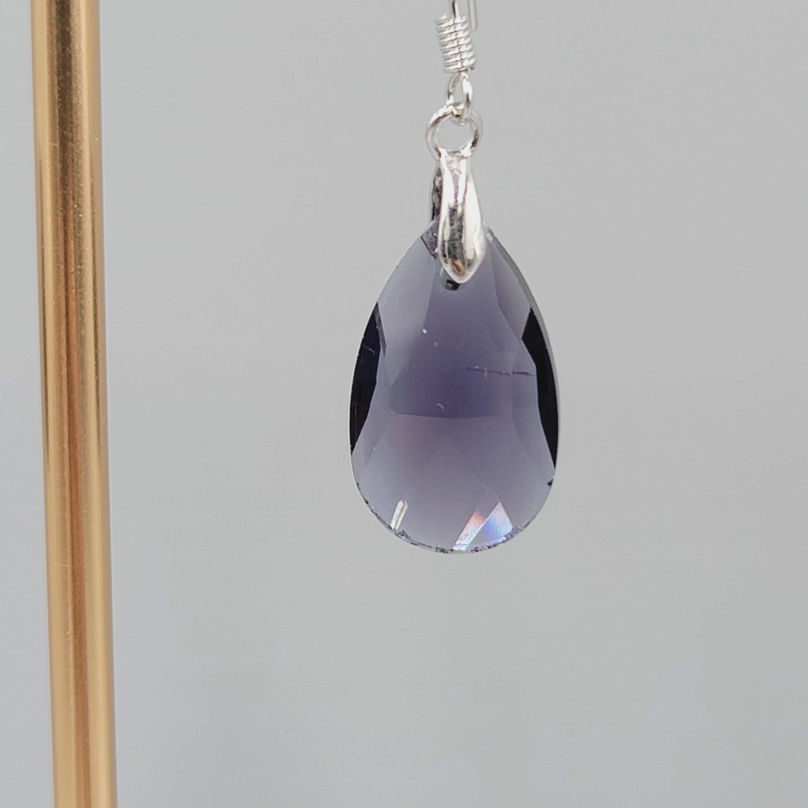 Purple Glass Teardrop Bead Pierced Earrings Silver tone Dangle 1"