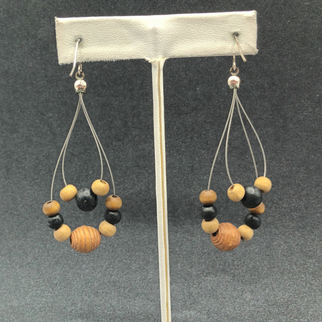 Pierced Earrings Silver tone Wood Beaded Wire Loop Dangle 2 3/8"