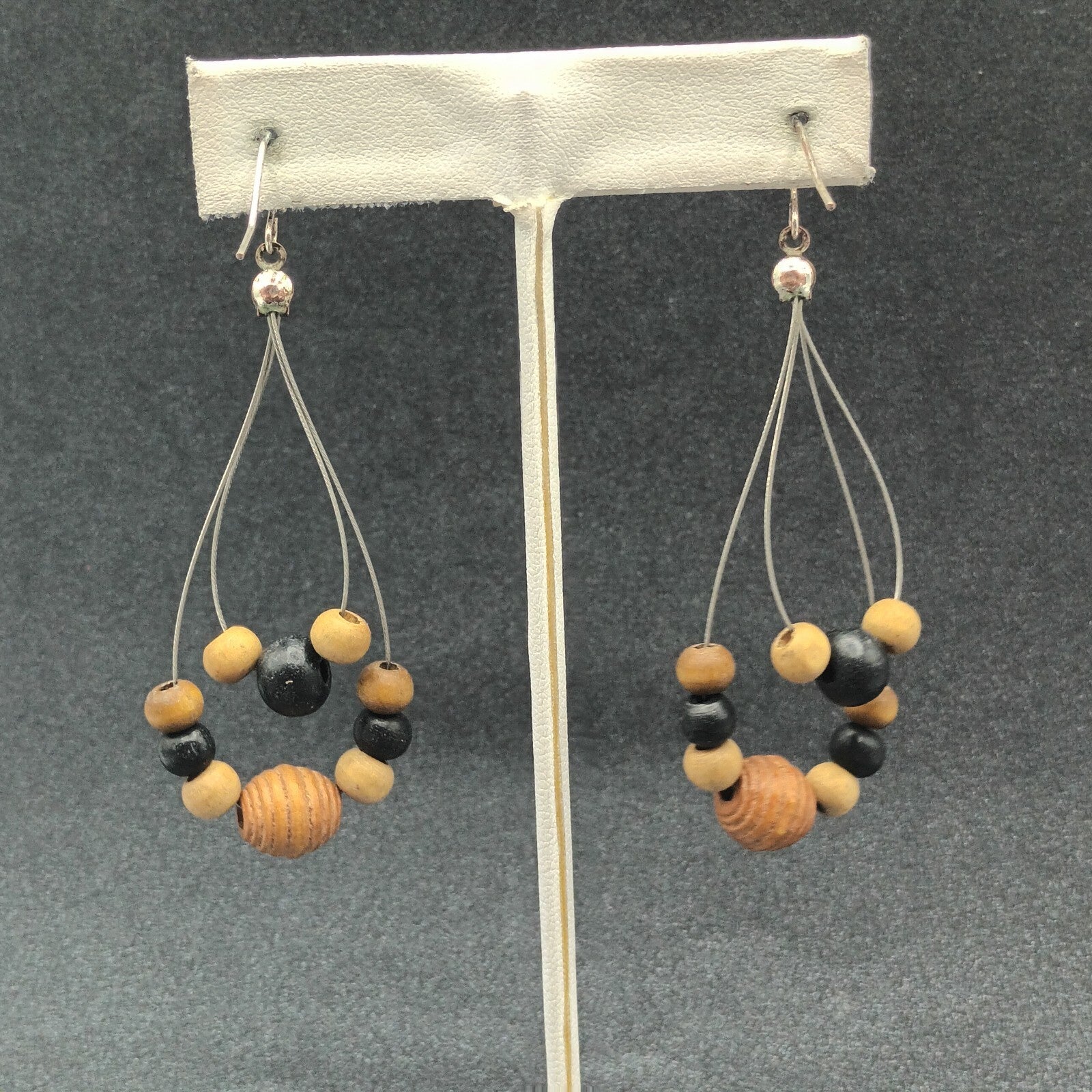 Pierced Earrings Silver tone Wood Beaded Wire Loop Dangle 2 3/8"