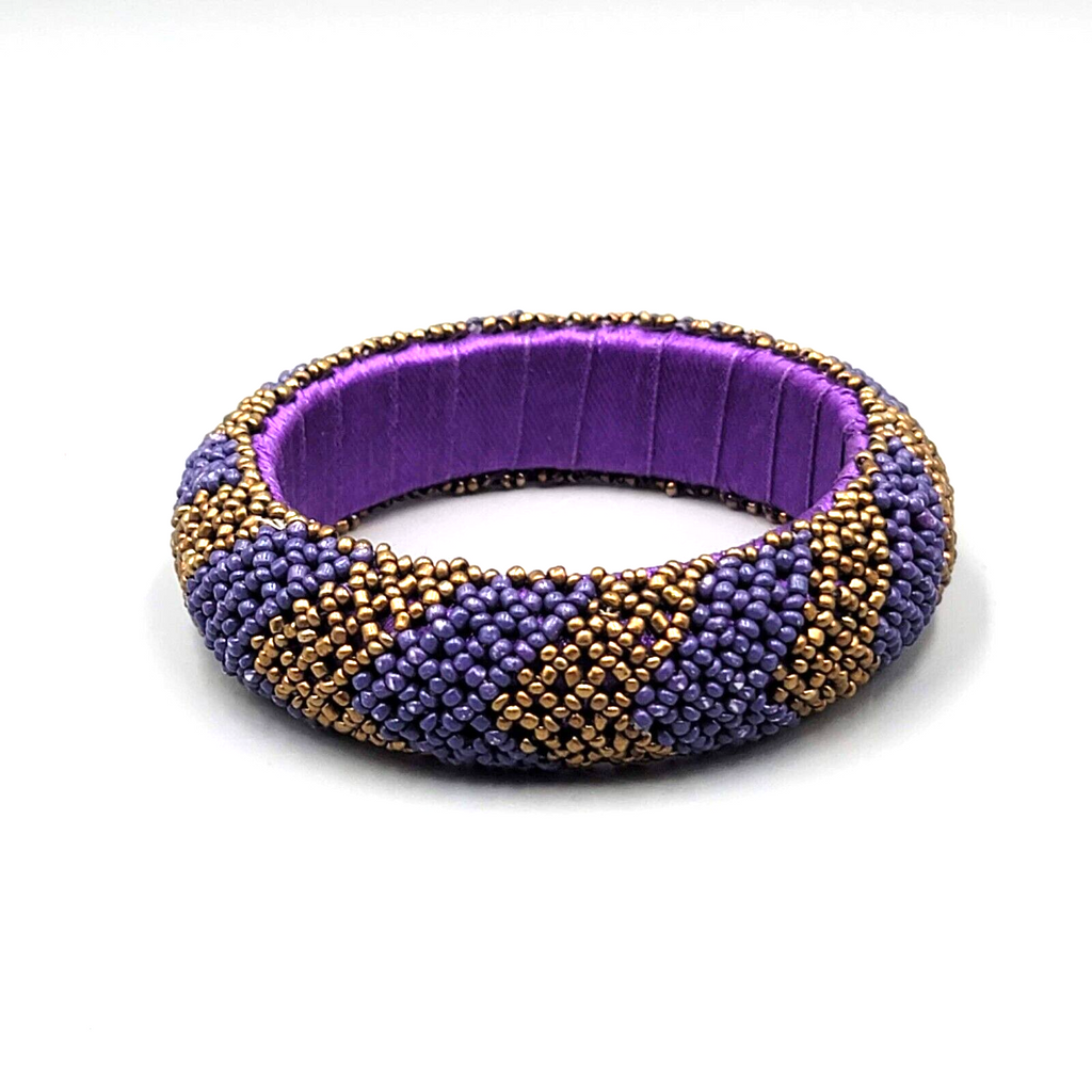 Purple Seed Bead Bangle Bracelet Bronze tone Beads 8 in