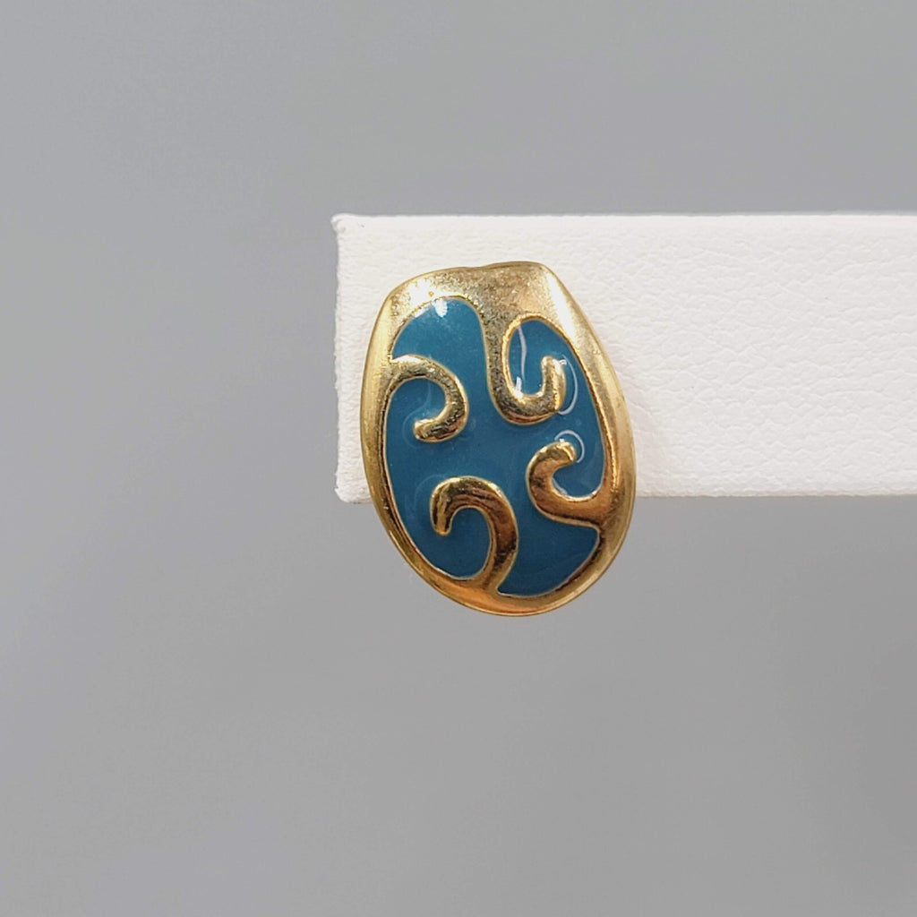 Stud Pierced Earrings Gold tone Blue Enamel Swirl 5/8"