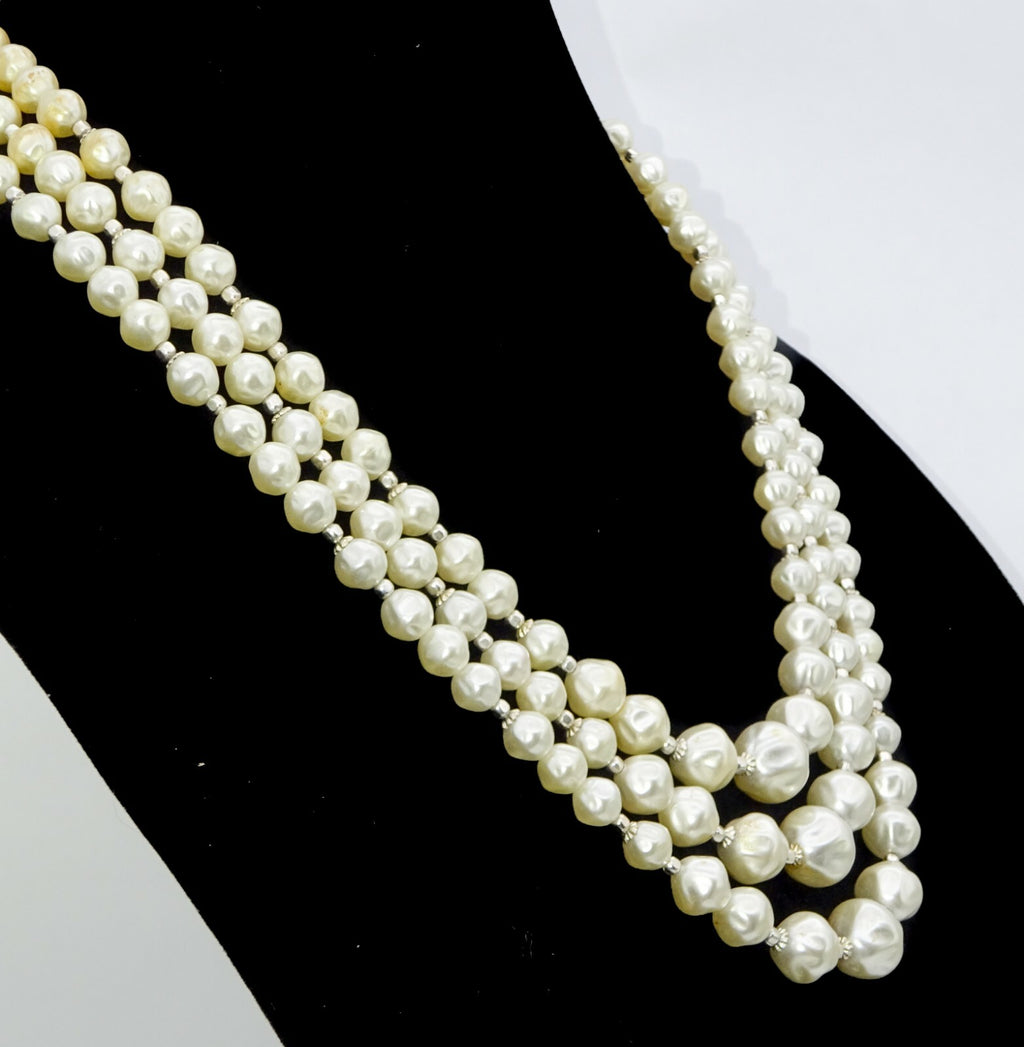 Vintage Necklace White Graduated Bead Triple Strand Estate Costume 22" - 24"