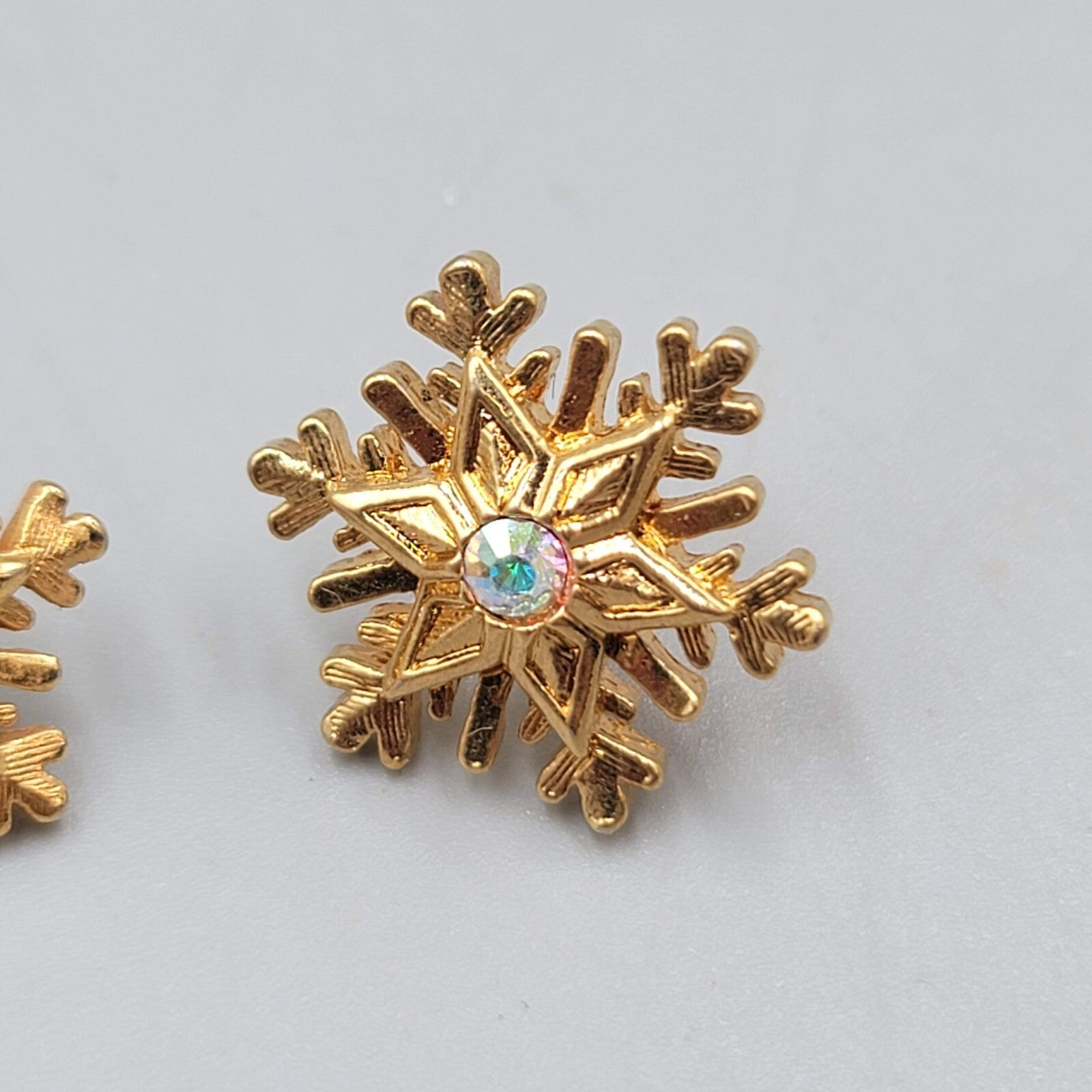 Snowflake Pierced Earrings Gold tone AB Crystal Studs 5/8"