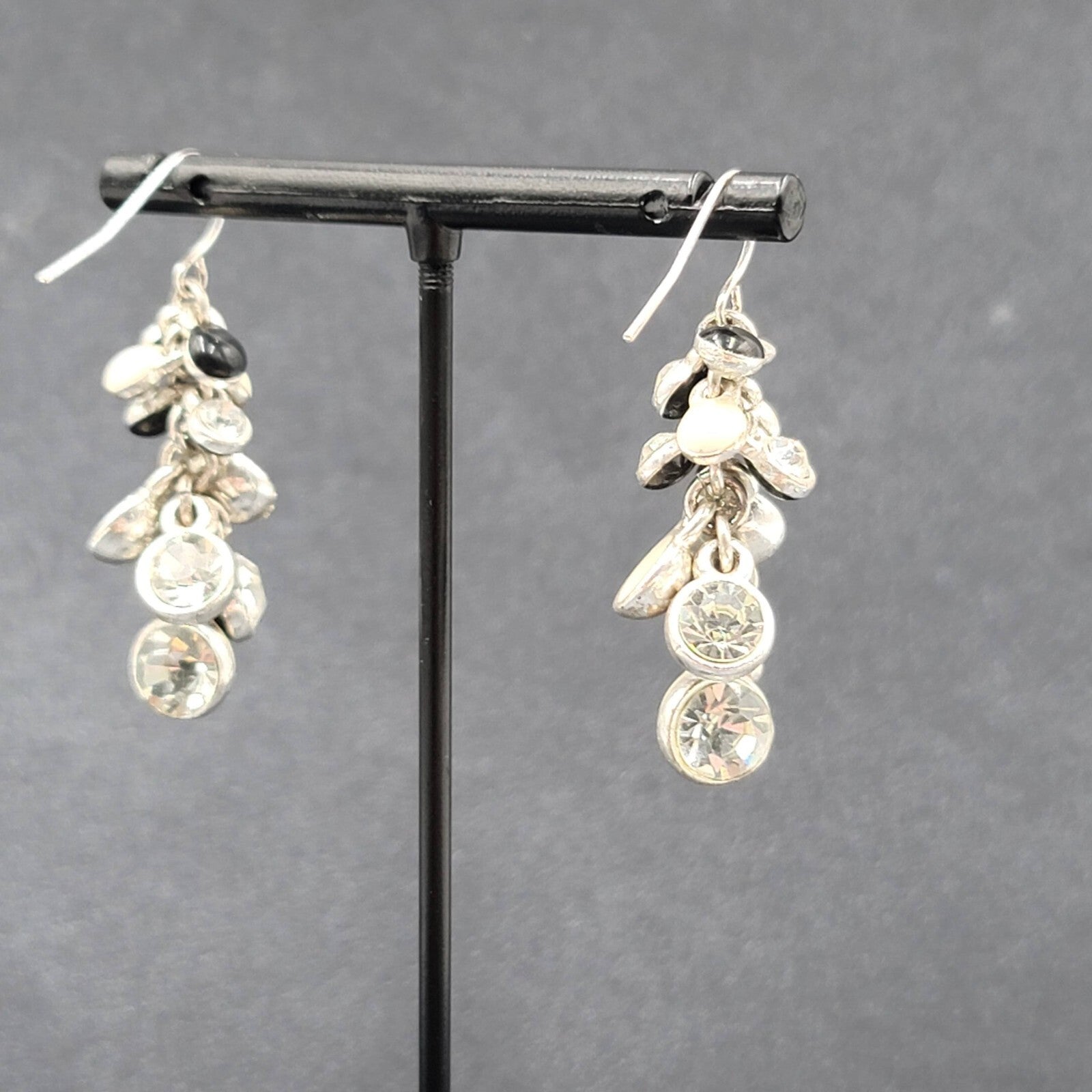 Pierced Earrings Silver tone Enamel Crystal Rhinestone Cluster Bead 1.5"