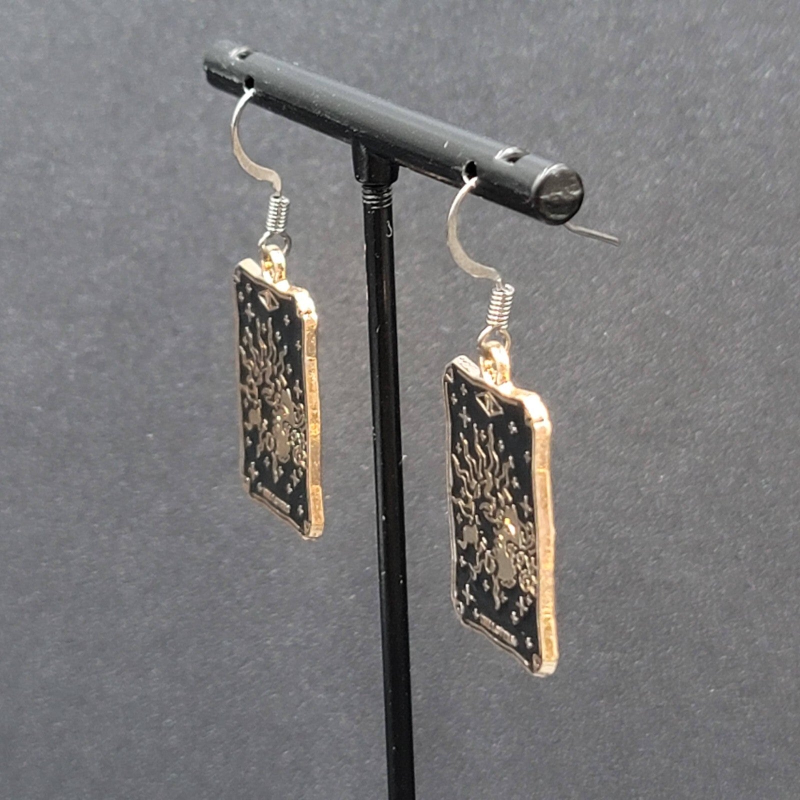 Tarot Card Pierced Earrings The LOVERS Sun and Moon Gold tone Black 1"