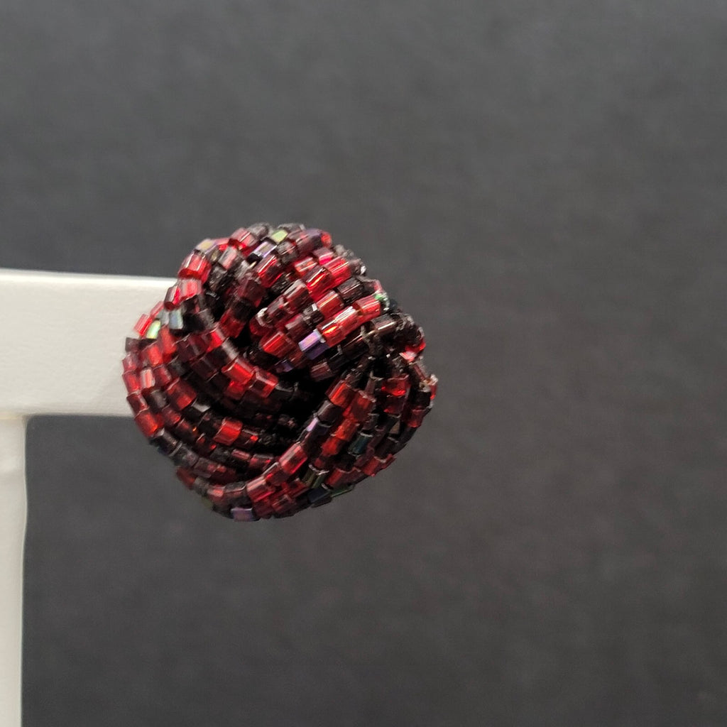Vintage Pierced Earrings Red Black Seed Bead Cluster Knot 1"