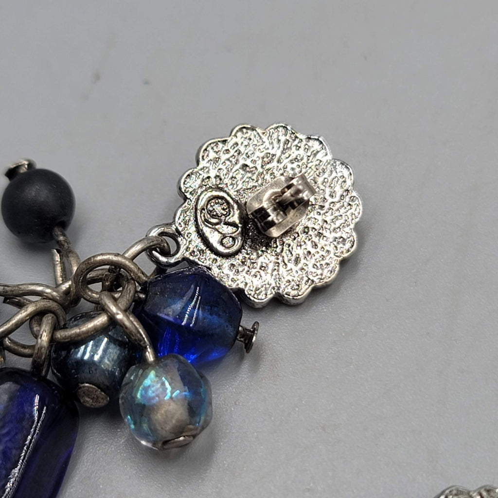 Oops a Daisy Pierced Earrings Blue Glass Beads Silver tone 1.5 in