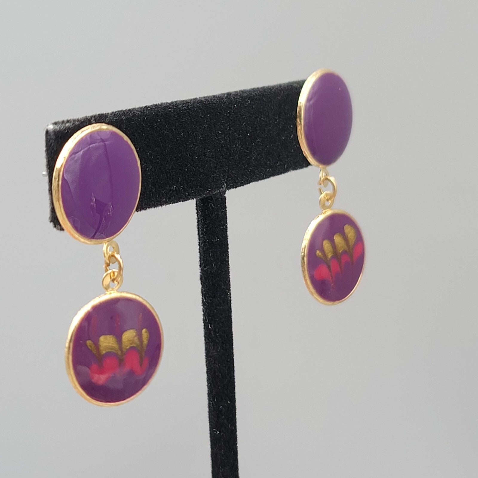Vintage Pierced Earrings Purple Enamel Dangle Gold tone 1.5"