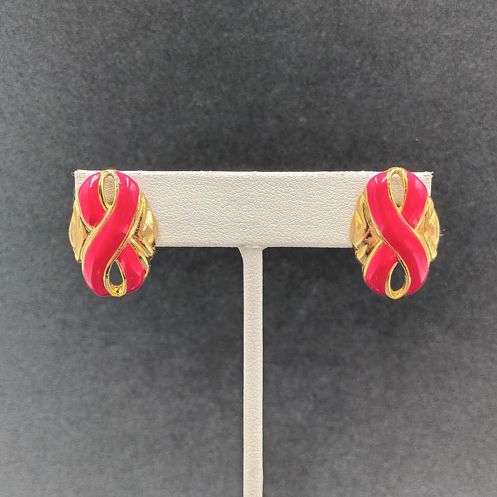 Vintage Pierced Earrings Red Enamel Infinity Gold tone Oval Drop 1"