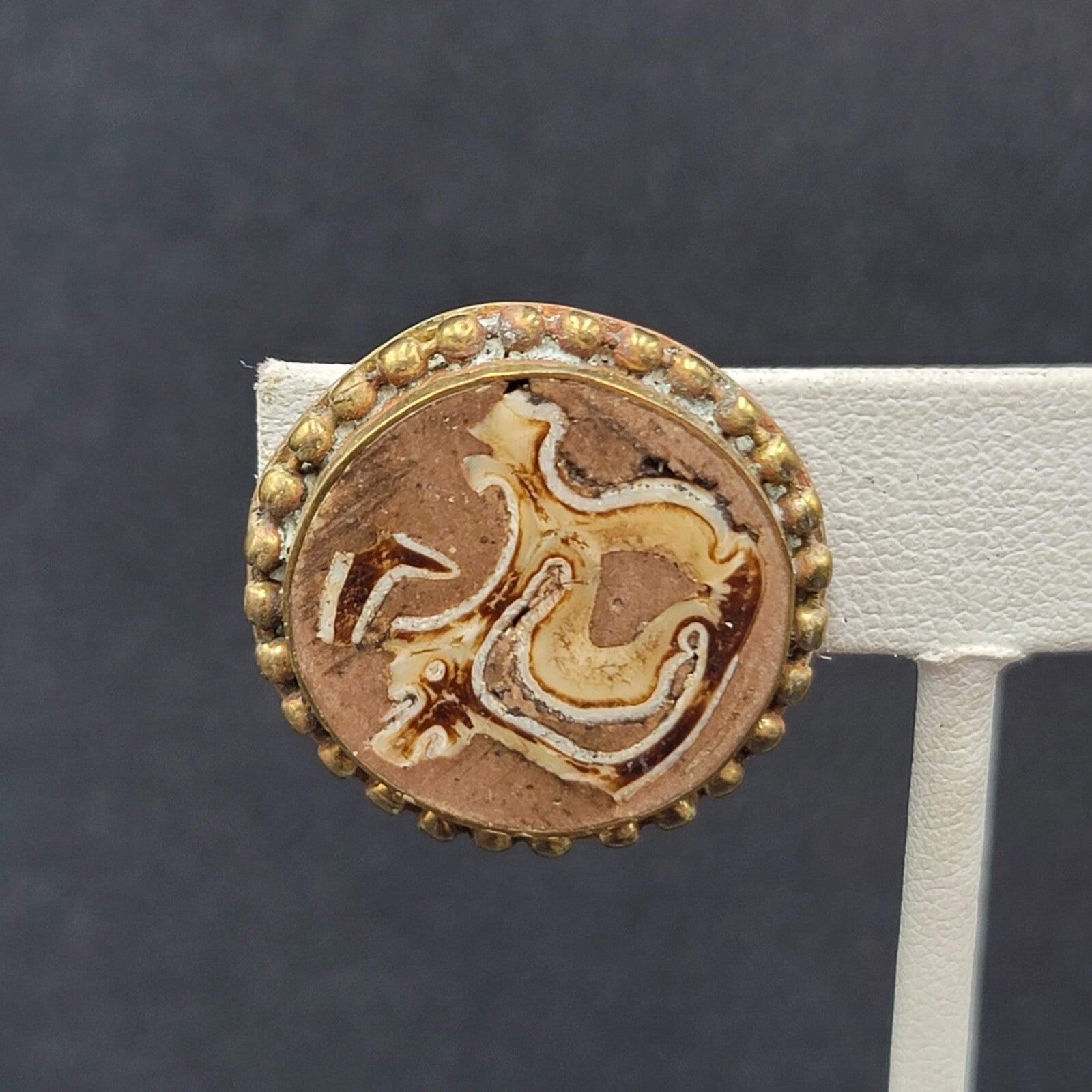 Vintage Clip on Earrings Brass Wood Stone Inlay Unique Discs  1"