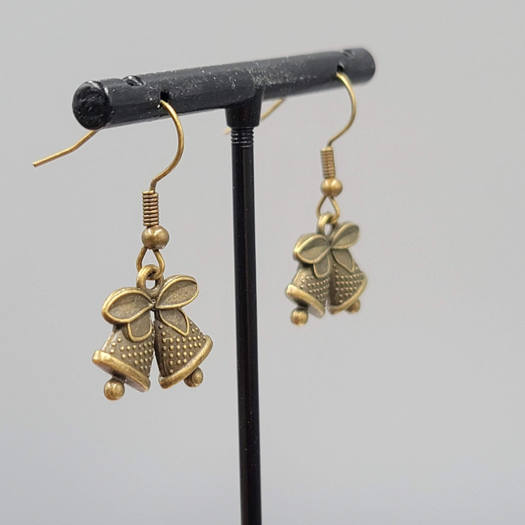 Bronze tone Pierced Earrings  Embossed Bells Holiday Celebration 1/2"