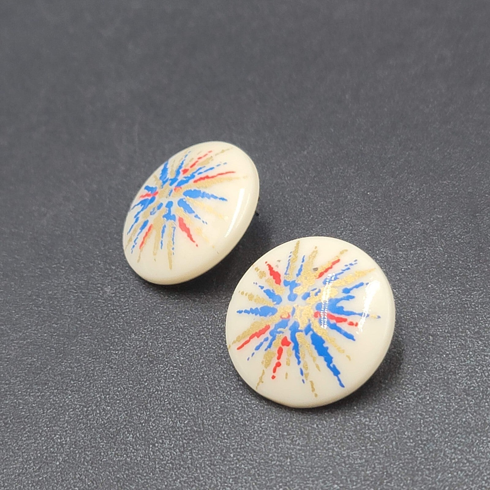 Vintage Pierced Earrings Acrylic White Red Blue Gold Artistic Round Drop 1 1/8"