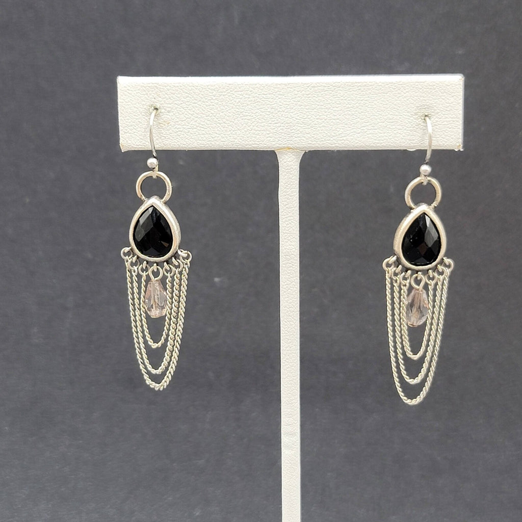 Pierced Earrings Silver tone Black Faceted Teardrop Chains  1.75"