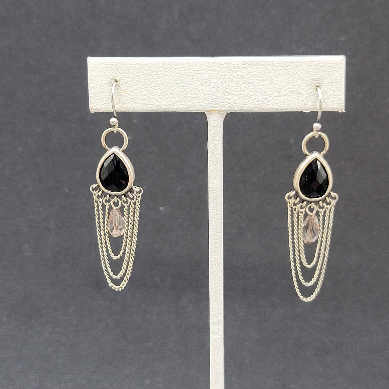 Pierced Earrings Silver tone Black Faceted Teardrop Chains  1.75"