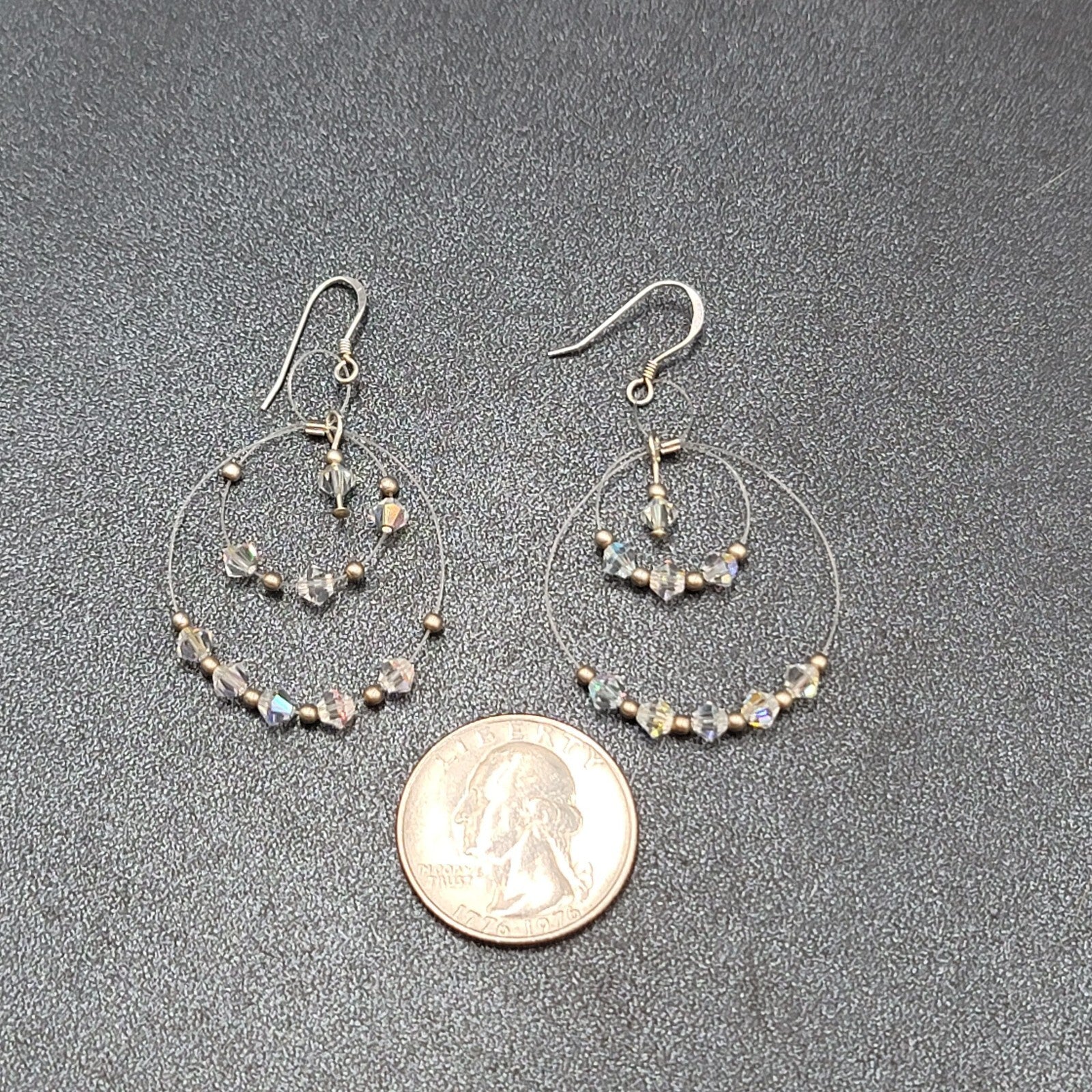 Pierced Earrings Floating Bicone AB Crystal Bead Dangle Hoops 1.75"