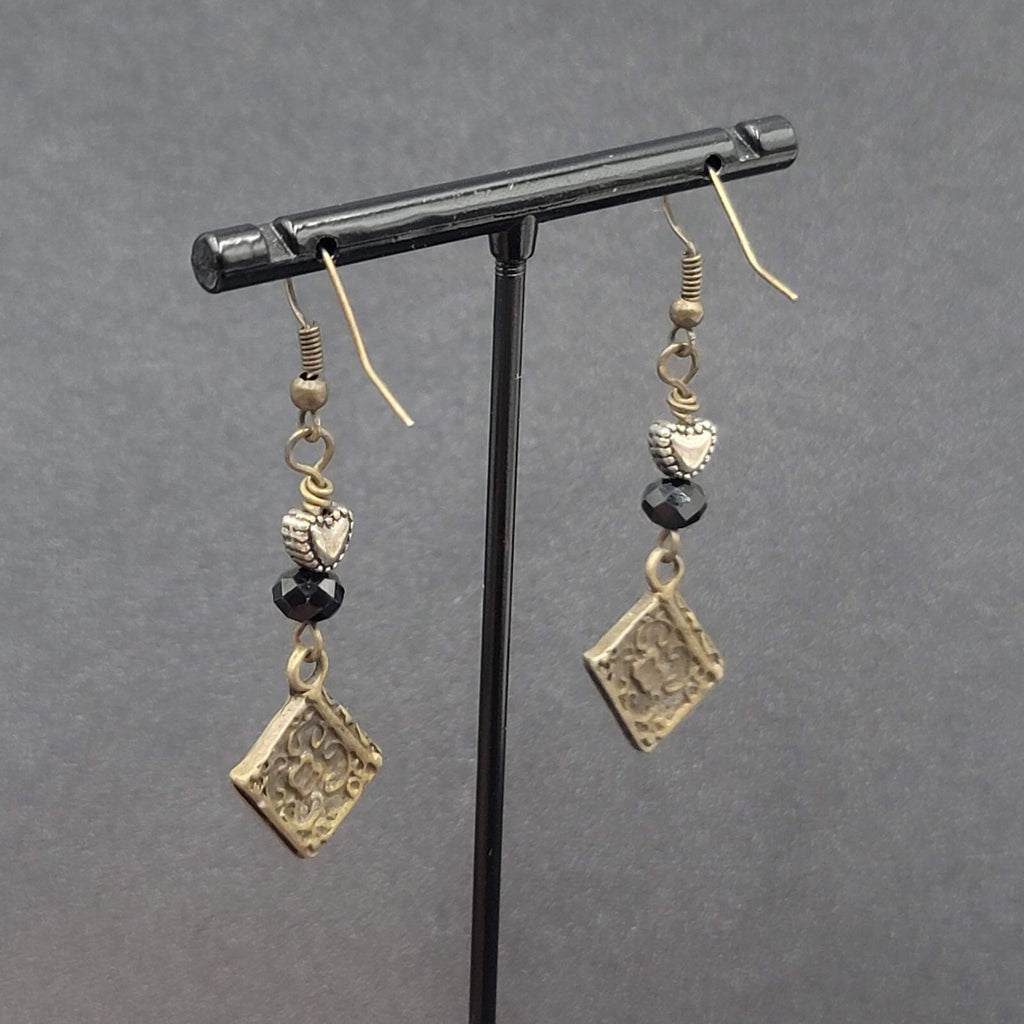 Pierced Earrings Bronze tone Heart Beaded Book Charm Dangle 1 5/8"