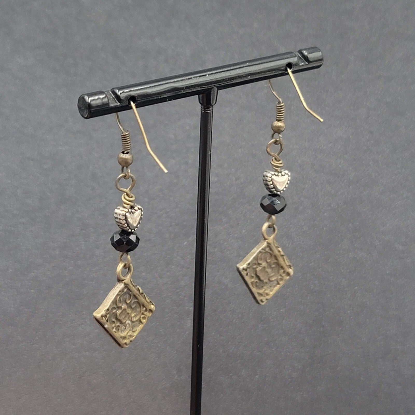 Pierced Earrings Bronze tone Heart Beaded Book Charm Dangle 1 5/8"