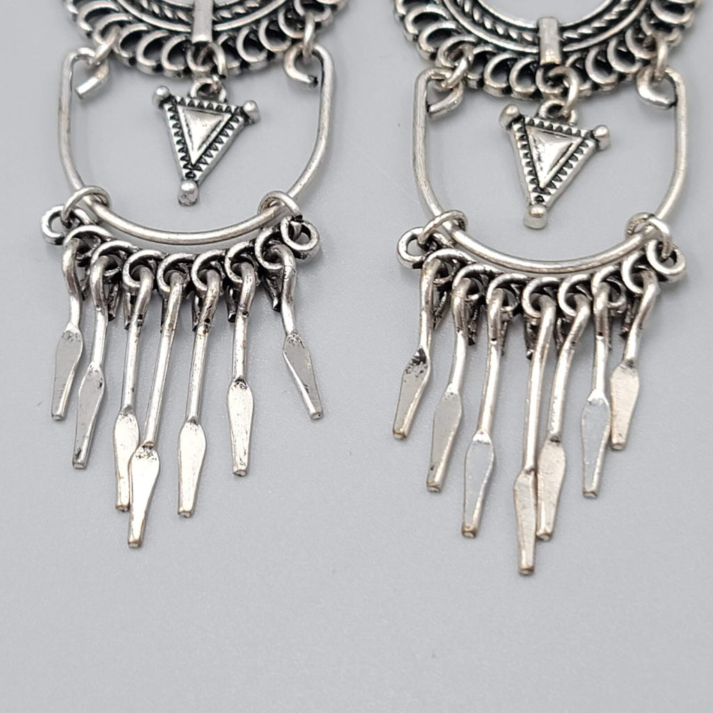 Boho Chandelier Pierced Earrings Silver tone Orange Accent 3 3/8"