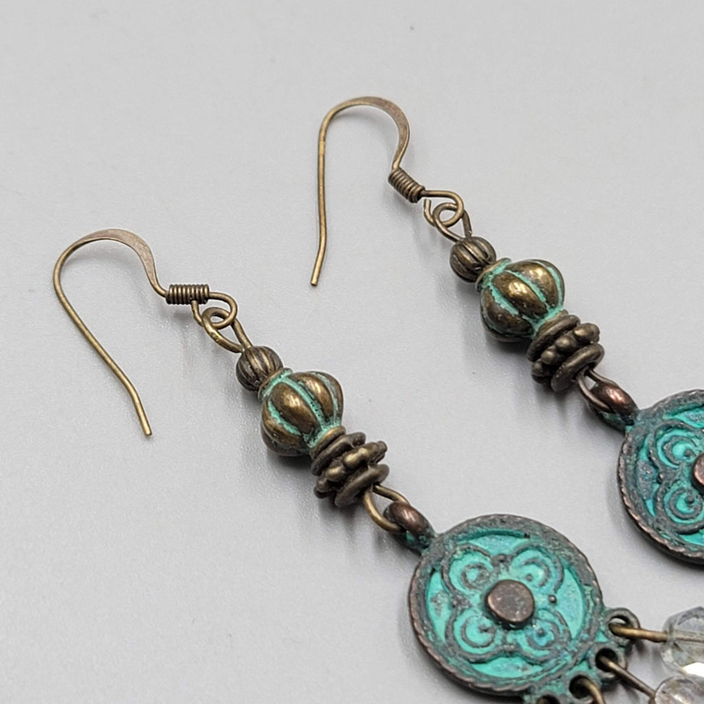 Green Bronze tone Chandelier Dangle Pierced Earrings 2"