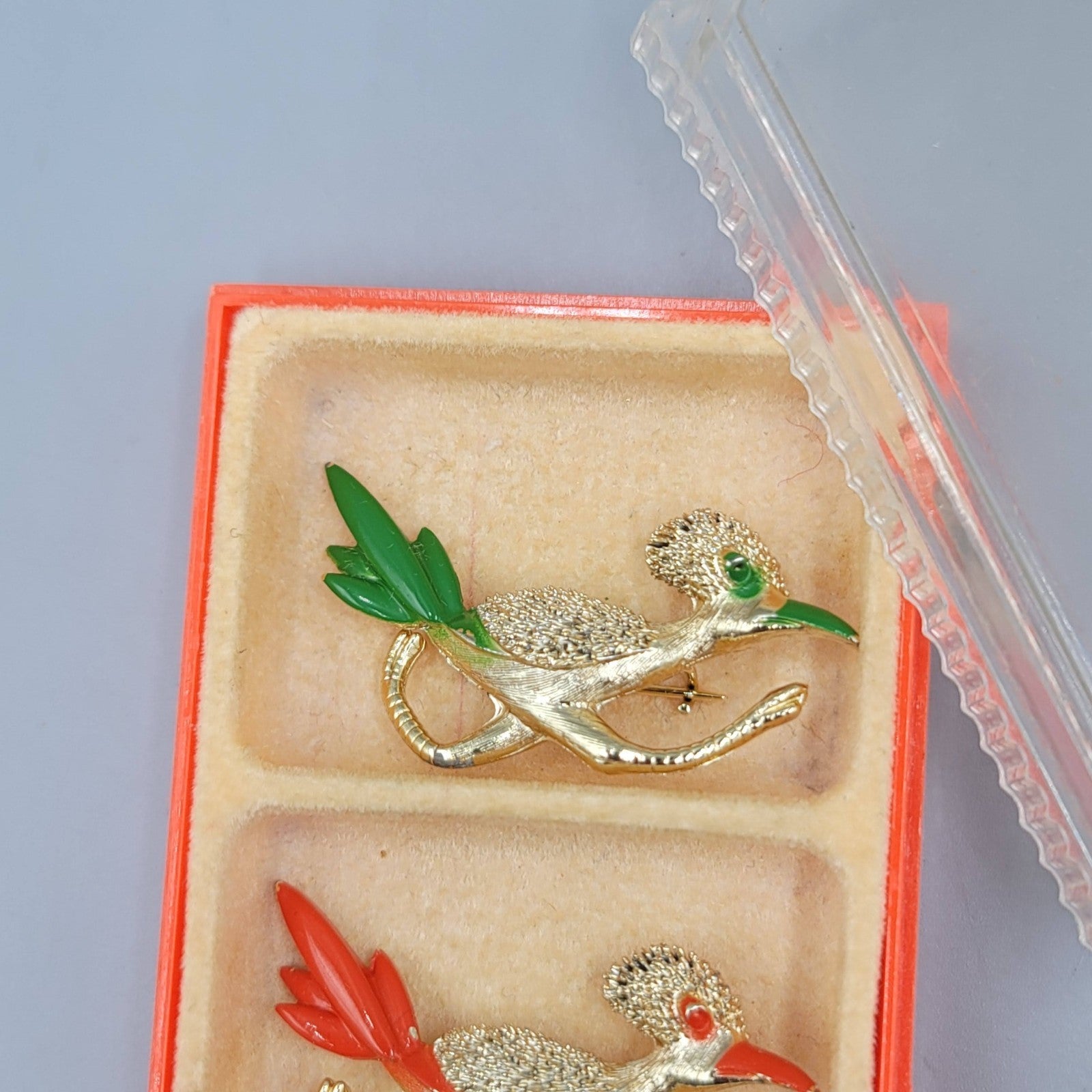Vintage Roadrunner Brooch Original Box Orange Green Enamel Lot of 2 Gold tone