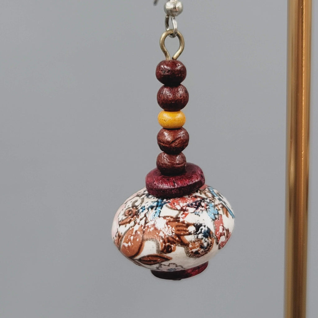 Beaded Pierced Earrings Wood Flower Bead Dangle 1 5/8"