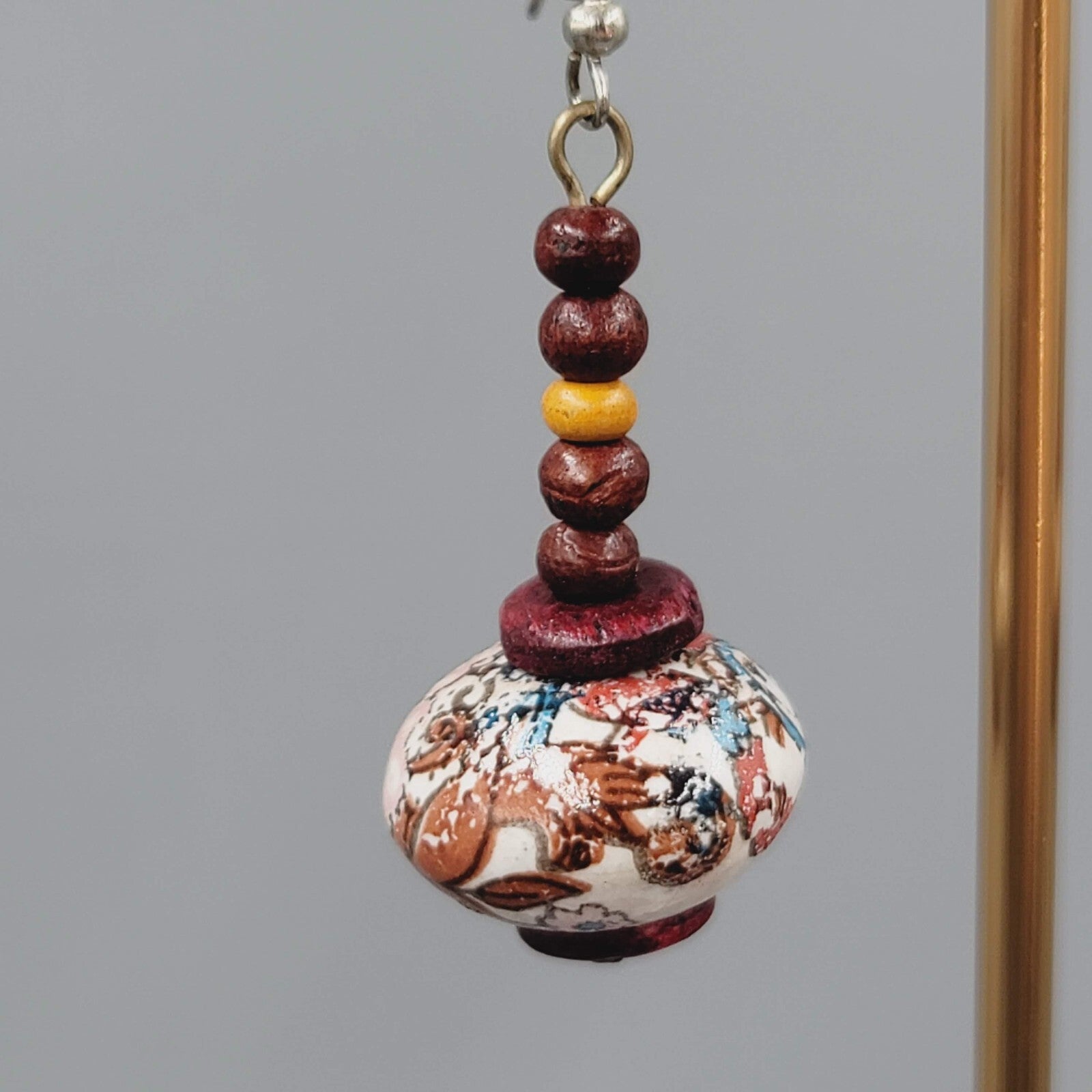 Beaded Pierced Earrings Wood Flower Bead Dangle 1 5/8"