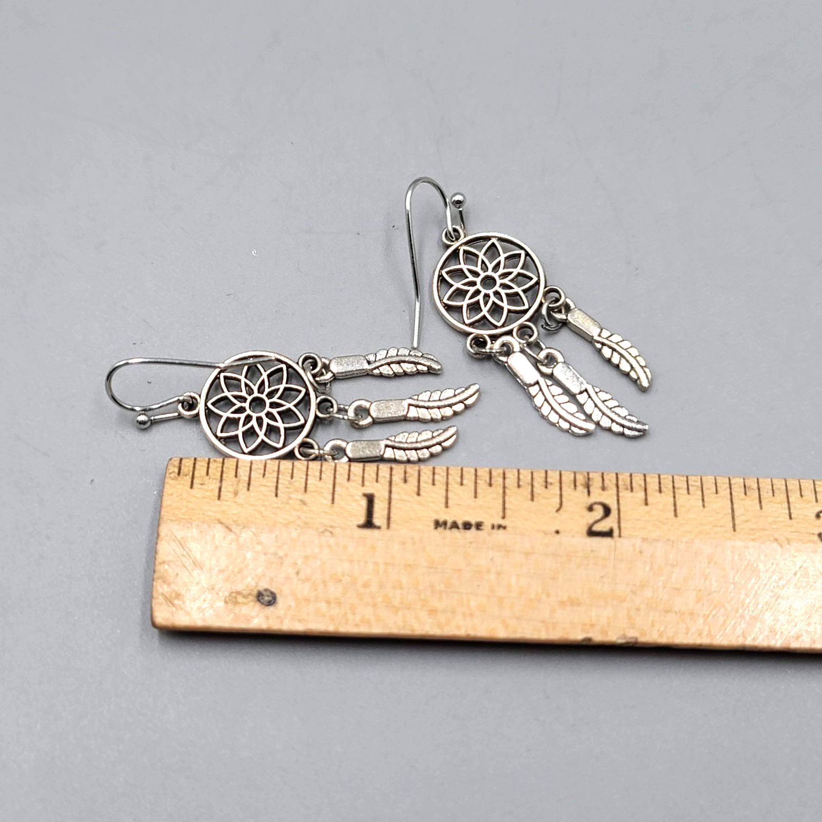 Dream Catcher Feather Pierced Earrings Silver tone Dangle 1.25 in