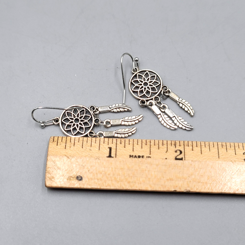 Dream Catcher Feather Pierced Earrings Silver tone Dangle 1.25 in
