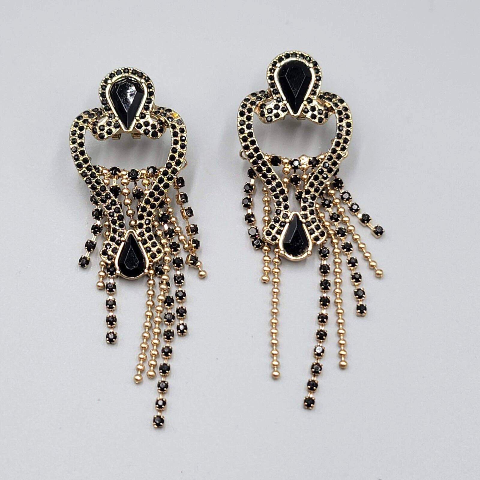 Statement Pierced Earrings Gold tone Black Rhinestone Chandelier Long 3.25"