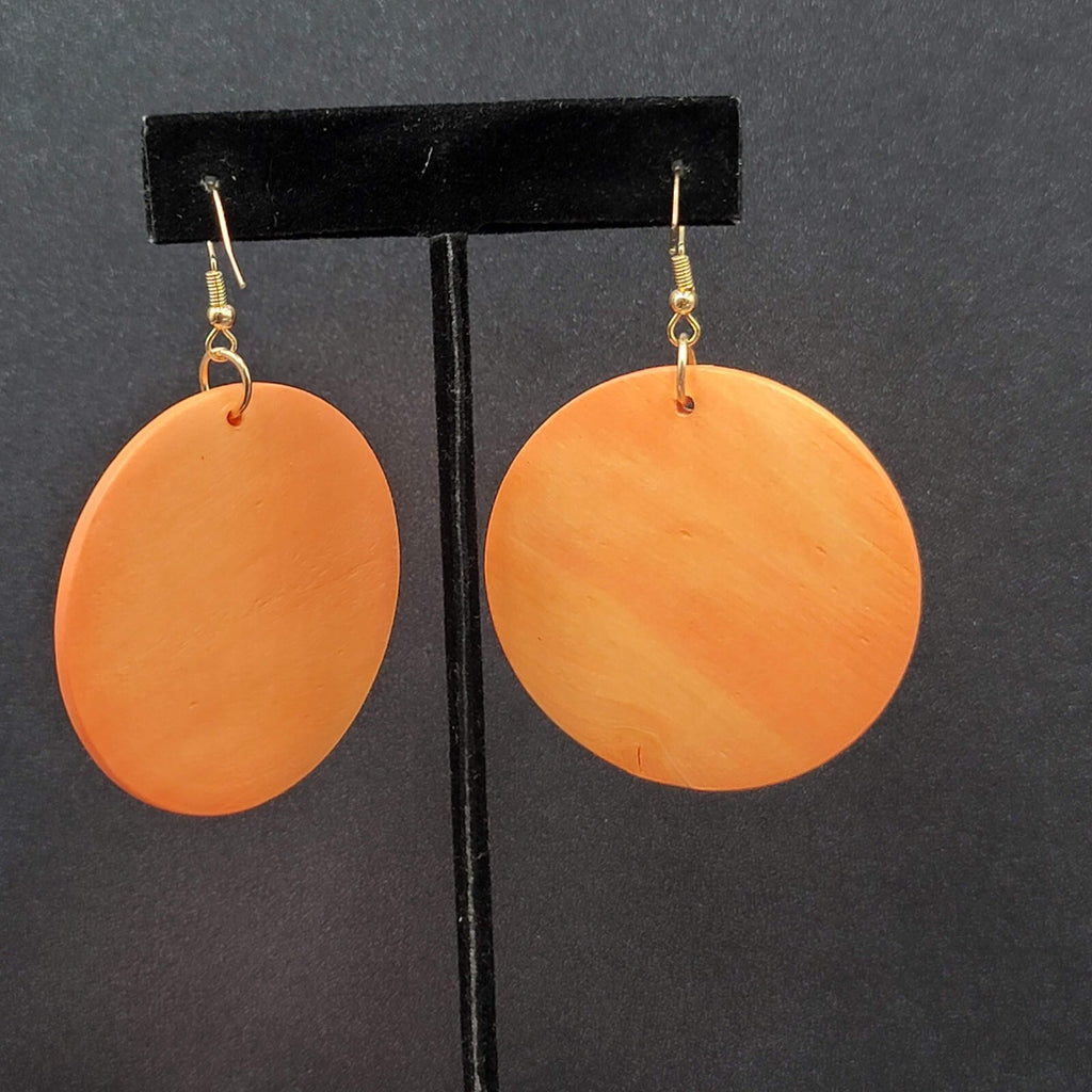 New Boho Pierced Earrings Orange Large Round Wood Disc Dangle 2"